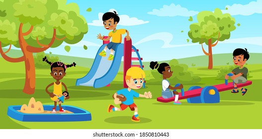 Children s Playground with Trees and attractions. Slide Sandbox and Swing on Which Children Play. Spring or Summer Landscape of Children s Entertainment.