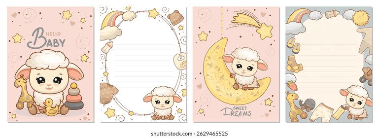 Children s poster set. Adorable sheep on the moon, cute baby toys. Postcard, pack for writing down the most important. Vector illustration, design element for interior.