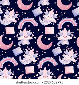 Children s seamless pattern with cute dragon, moon and rainbow. For designing greeting cards, invitations, notebooks, wrapping paper, or pattern on various children s clothing items such as t-shirts, 