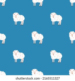 Children s seamless pattern with sheep on a blue background.