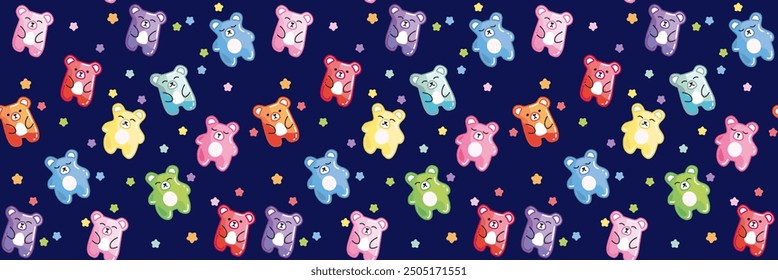 Patrón sin fisuras para niños pequeños. Osos lindos en un fondo oscuro con estrellas. Patrón sin fisuras para los textiles del bebé, empaquetado, fondos, Fondos de pantalla. Ilustración plana moderna