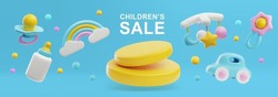 Children S Shop Sale Banner With Cute 3d Elements, Vector Illustration On Blue Background. Toys And Accessories For Kids And Infants - Milk Bottle, Pacifier, Toys And Baby Rattle.