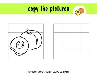 Children s simple mini-game - draw a peach on paper. Copy the fruit picture using grid lines, simple toddler game with easy level of play, drawing for kids.