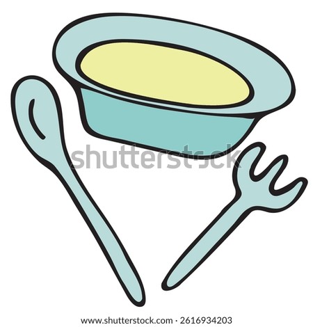 children s tableware set for babies, first feeding, adult food, soup or porridge in a plate with a spoon and fork, vector cute colored children s element in doodle style with black outline, delicate c