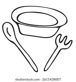 children s tableware set for food - plate, spoon, fork, cute children s black and white vector coloring, line art, outline