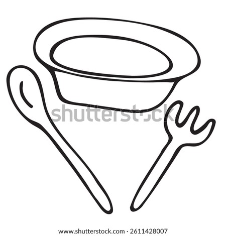 children s tableware set for food - plate, spoon, fork, cute children s black and white vector coloring, line art, outline