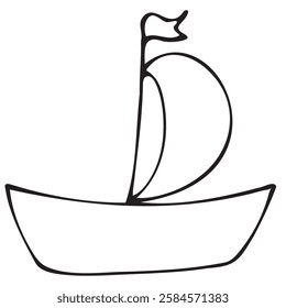 children s toy boat with a sail and a flag for a boy, cute children s black and white vector coloring, line art, outline