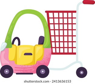 Children s toy car connected to empty shopping cart. Colorful baby walker and red supermarket trolley vector illustration.