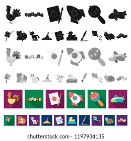 Children s toy flat icons in set collection for design. Game and bauble vector symbol stock web illustration.