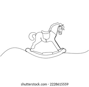 Children s toy rocking horse one line art. Continuous line drawing of childhood, relax, rest, play, have fun, happy childhood, ride, kindergarten.