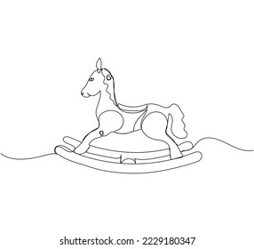 Children s toy rocking horse one line art. Continuous line drawing of childhood, relax, rest, play, have fun, happy childhood, ride, kindergarten.