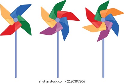 Juego de molinos de viento para juguetes para niños. Colección de molinos de viento coloridos para los niños. Juguete, ilustración vectorial, aislado en fondo blanco