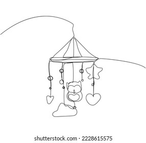 Children s toys over the crib, mobile one line art. Continuous line drawing of childhood, safety, protection, crib, children s sleep, sleep, relaxation, calm down.