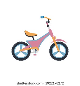 Children s two-wheeled bicycle pink with blue elements on wheels and with pedals.