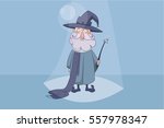 children s vector illustration. Good wizard holding a magic wand in his hand and smiling on blue background