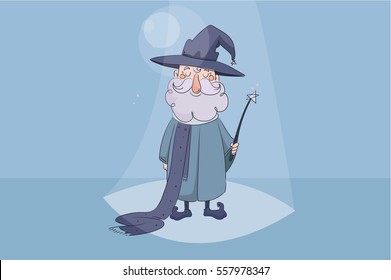 children s vector illustration. Good wizard holding a magic wand in his hand and smiling on blue background