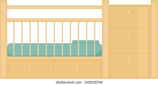 Children s wooden crib. A bed for children with drawers. Children s wooden furniture for newborns, with mattress and pillow. Vector illustration isolated on a white background