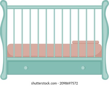 Children s wooden crib in retro style. Vintage baby bed with drawers. Light green children s wooden furniture for newborns. Vector illustration isolated on a white background
