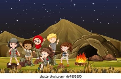 Children in safari costume camping out by the cave illustration