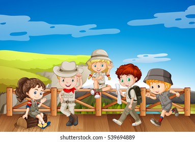 Children in safari costume on the bridge illustration