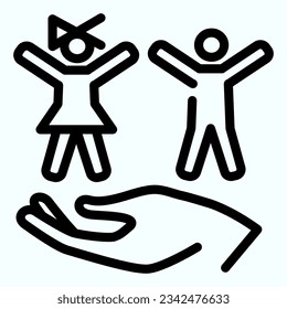 Children in safe hands line icon. Kids under protection vector illustration isolated on white. Child safety outline style designed for and app. Eps 10.