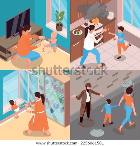 Children safety 2x2 design concept set of four square icons demonstrated parents control isometric vector illustration