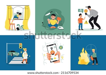 Children safety design concept set of six square icons depicting various dangerous situations with kids at home and street  flat vector illustration