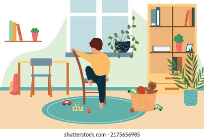 Children safety flat background with little boy without supervision trying to climb on windowsill vector illustration