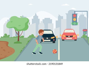 Children safety flat background with little boy playing football alone on roadway vector illustration