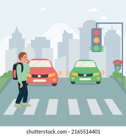 Afiche plano de seguridad para niños con un escolar cruzando la calle por el semáforo rojo y hablando en la ilustración del vector del teléfono