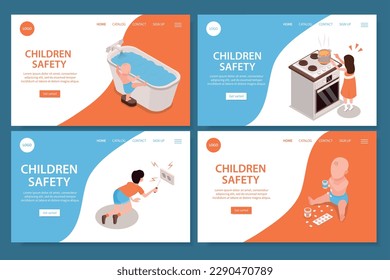 Children safety landing page set depicting dangerous situations for kids left unattended isometric vector illustration