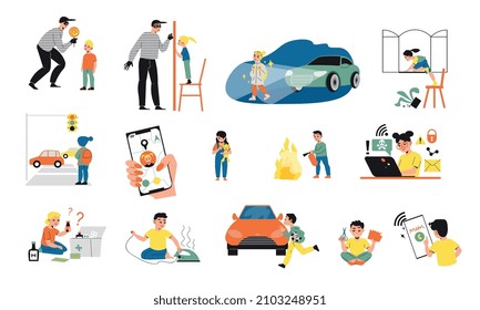 Children safety situations so as take nothing from unknown people be in sight call parents turn of appliances isolated vector illustration