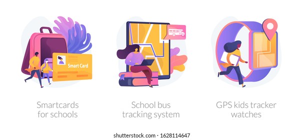 Tecnologías de seguridad para los niños. Smartwatch con geolocalización. Tarjetas inteligentes para colegios, sistema de seguimiento de autobuses escolares, gps niños rastreadores de metáforas. Ilustraciones de metáforas conceptuales aisladas por vectores