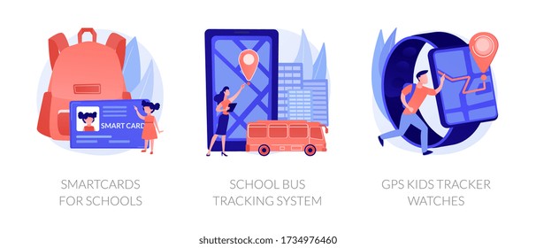 Children safety technologies. Smartwatch with geolocation. Smartcards for schools, school bus tracking system, gps kids tracker watches metaphors. Vector isolated concept metaphor illustrations