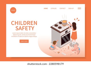 Children safety web site landing page illustrated by scene with kids left unattended isometric vector illustration