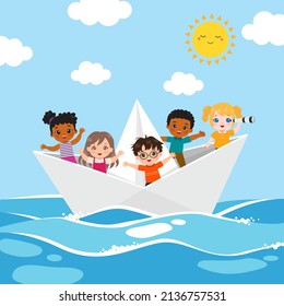 Children Sailing With Origami Boat On The Sea. Flat Vector Cartoon Design