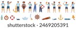 Children sailor mariner costume icons set vector. A group of people in sailor outfits are standing in a row, with various objects in the background such as a bottle, a boat, a life preserver