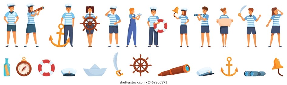 Children sailor mariner costume icons set vector. A group of people in sailor outfits are standing in a row, with various objects in the background such as a bottle, a boat, a life preserver