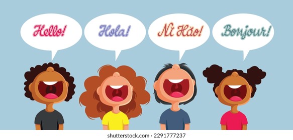 
Children Saluting Saying Hello in Many Languages Vector Cartoon Illustration. Kids communicating in their native language trying to form friendships 
