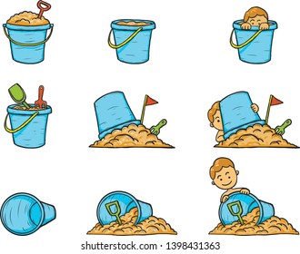 Children with sand bucket on white background.Set of sand bucket vector by hand drawing.