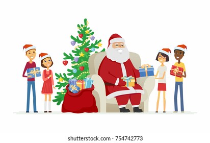 Children and Santa Claus - cartoon characters isolated illustration on white background. International boys, girls getting presents from Father Frost. Nice composition with armchair and Christmas tree