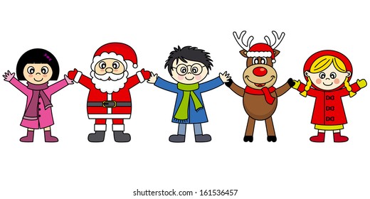 Children, Santa Claus and reindeer