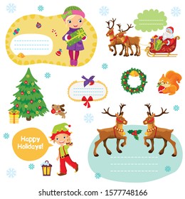 Children with Santa and deer and gnome on new year's cards