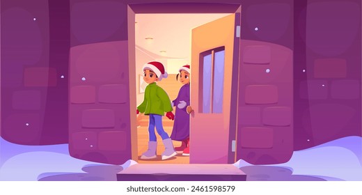 Children in Santa hats open house door in winter holiday evening. Vector cartoon illustration of cute boy and girl characters looking at snow in yard from home porch, snowy weather on Christmas eve