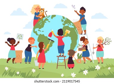 Children save planet. Globalization, globe earth environment protect. Kids eco hero, organic lifestyle and saving plants and animals, decent vector concept