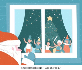 The children saw Santa Claus through the window. Santa Claus watches the children's party through the window. Children are happy to see Santa Claus. Flat vector illustration.