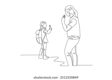 Children saying goodbye when leaving for school. Saying goodbye to their children concept one-line drawing