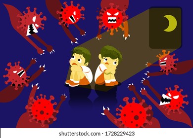 The children are scared and fear of the Coronavirus (CoVID-19) evil, who is going to hurt them. Nightmare concept.