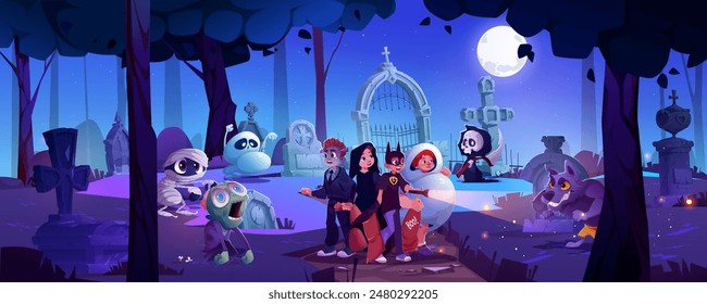 Children scared on graveyard at Halloween cartoon background. Danger at night cemetery with tombstone and spooky dead zombie. Horror forest scene with undead animal and creepy landscape for game