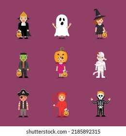Children in scary halloween costumes. Halloween holiday party. Vector illustration